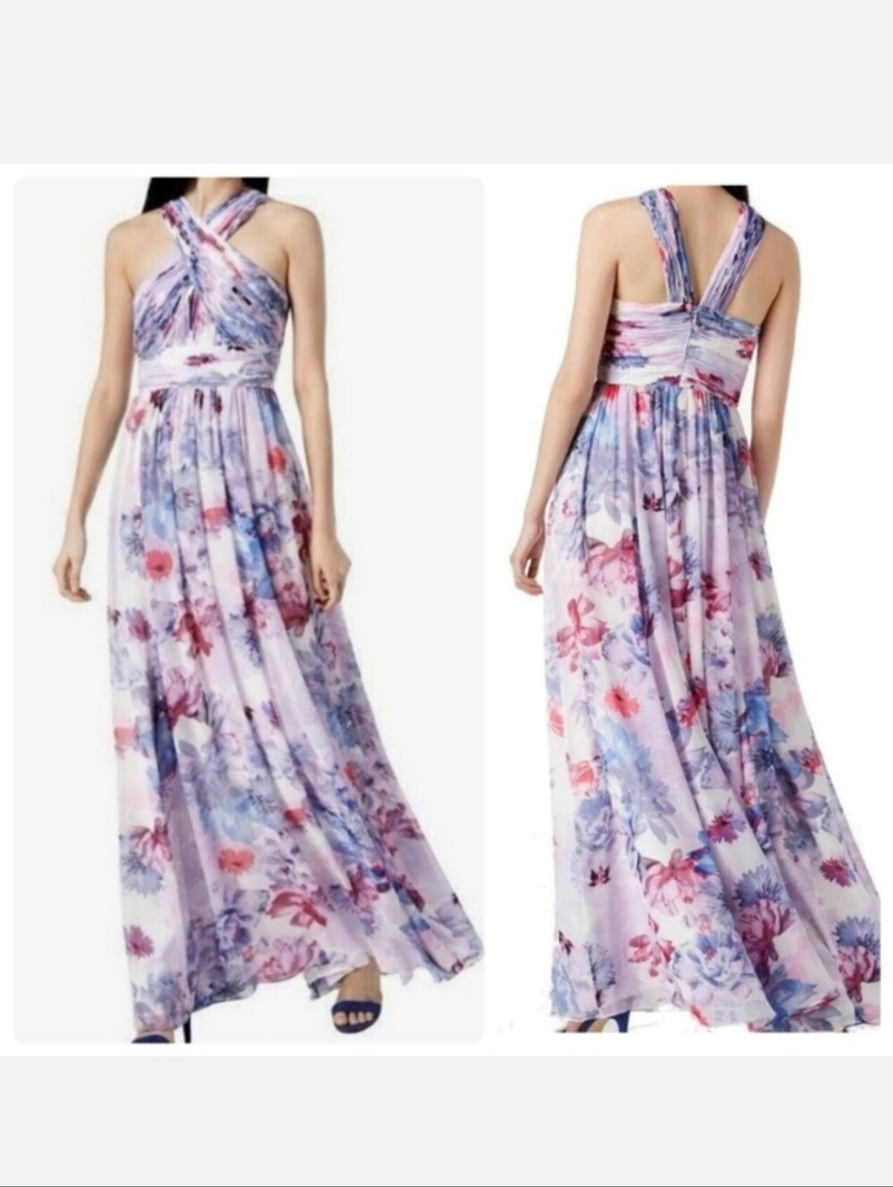 CALVIN KLEIN Floral Purple White Halter Dress Floor Length Gown Size 4